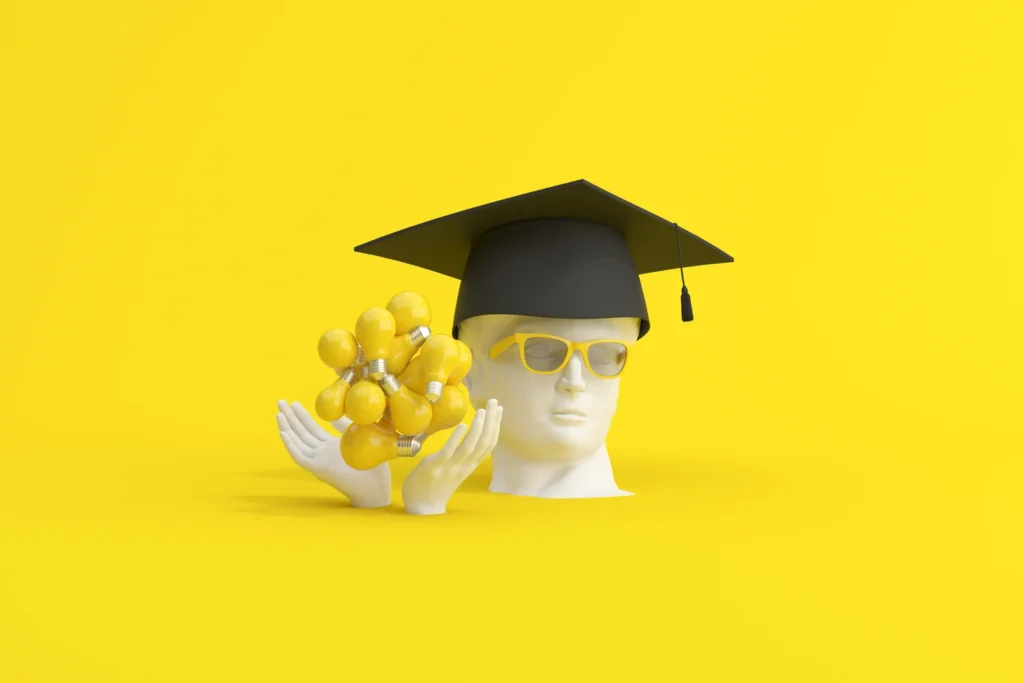 3d grafika kipa, na glavi ima maturantsko čepico, v rokah drži rumene žarnice, nosi rumena sončna očala. Rumeno ozadje.